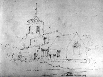 Studham church from the south-east in 1839 by Buckler [Z49/1083]